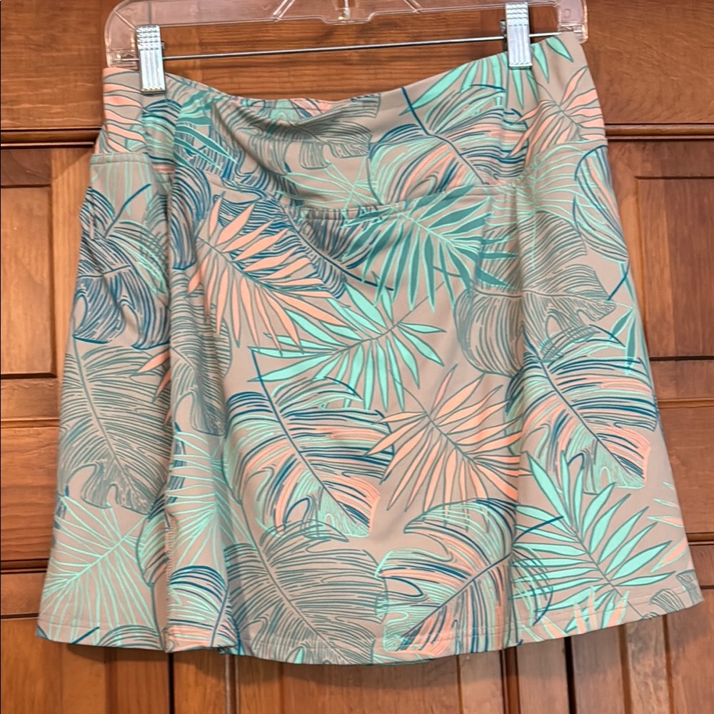 Title Nine A-Line Skirt in Tan with Mint and Coral Leaf Print